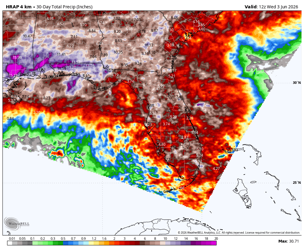 Thirty-day rainfall totals across Florida showing widespread precipitation and more than 12 inches of rain in parts of the Panhandle
