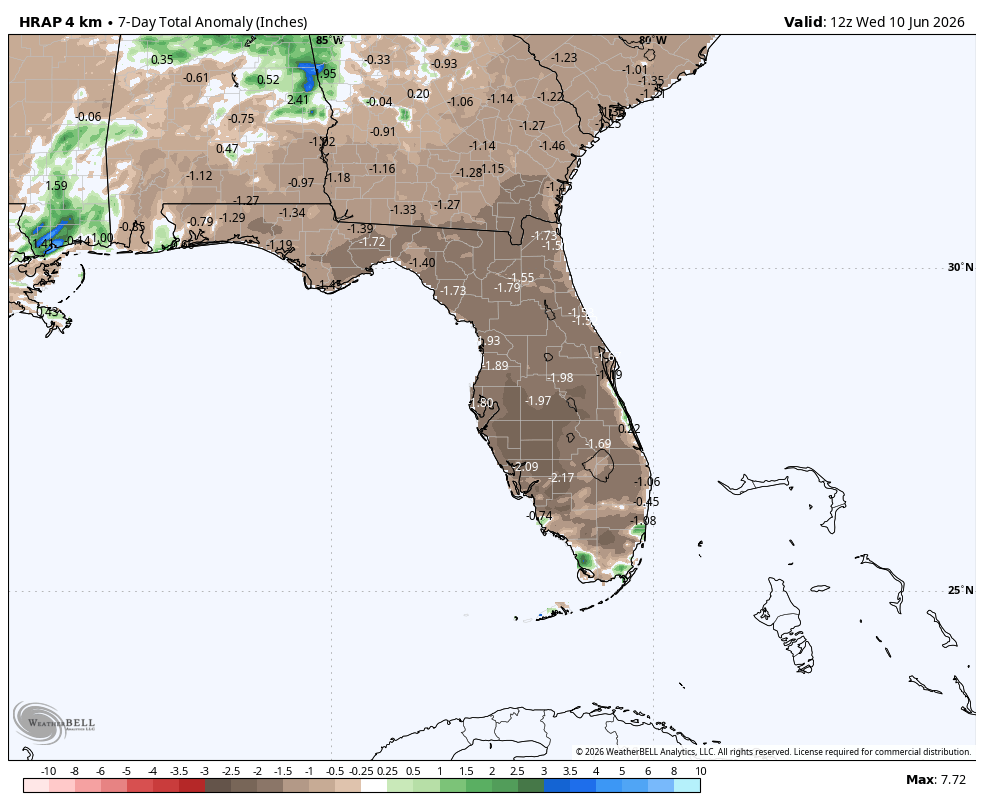 Florida Rainfall Departure from June 3 - June 10