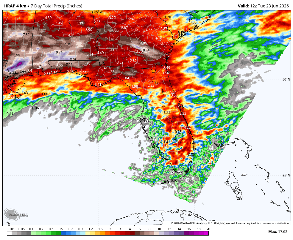 7-day rainfall from June 16 - 23, 2026