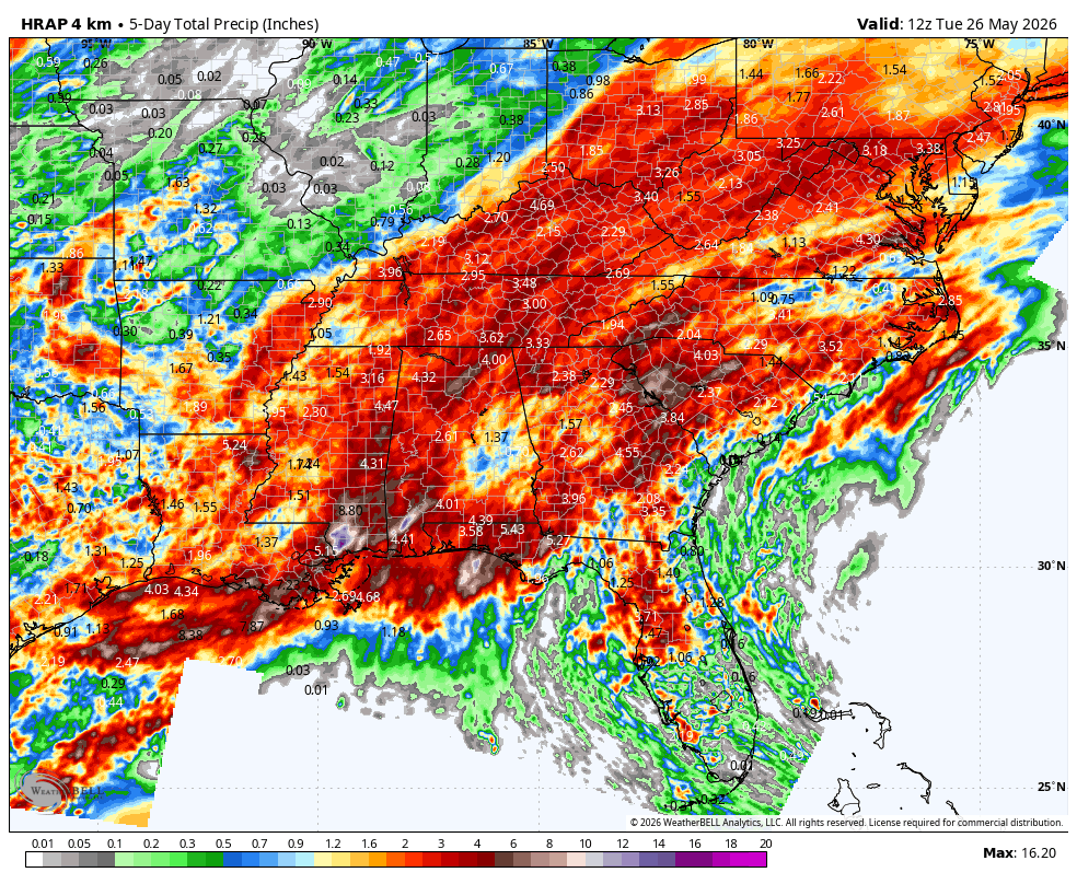 Southeast rainfall totals since May 21 showing widespread precipitation over 3 inches across the region